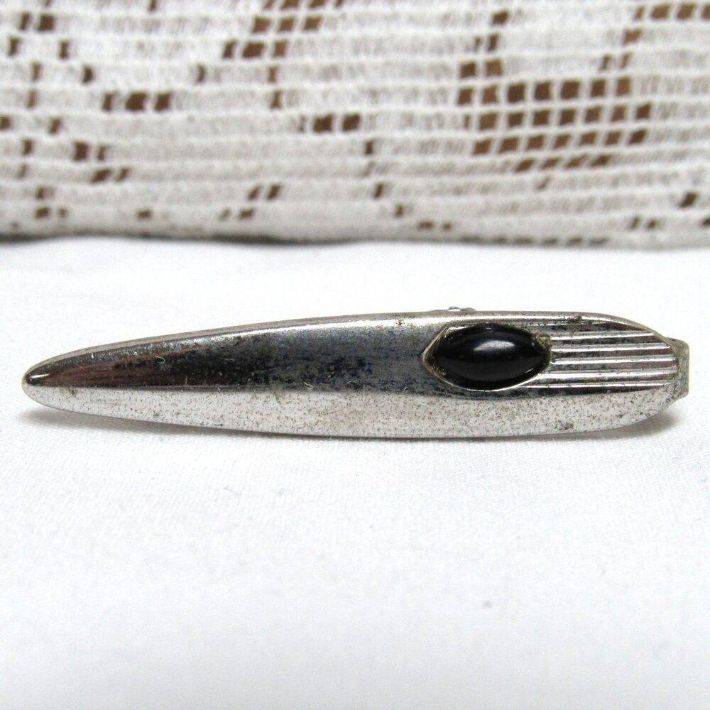 FOSTER Black Stone Silvertone Tie Clip Lapel Pin Vintage MCM 1960s Gentleman's